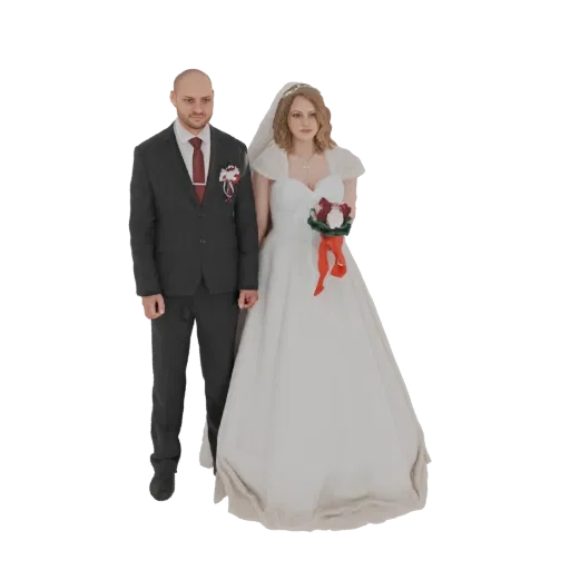 3D model of a wedding couple, bride in white gown and groom in dark suit, holding a bouquet.