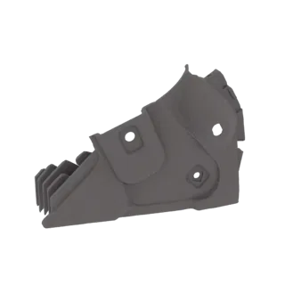 Modello 3D di una benna escavatore industriale grigia con denti affilati, vista di lato.