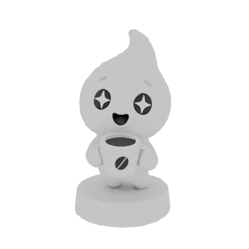 A 3D render of a cute, white, stylized coffee character with star eyes, holding a coffee cup, standing on a base.