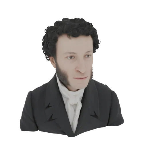 3D model bust of Alexander Pushkin, the famous 19th-century Russian poet, with curly dark hair and period attire.
