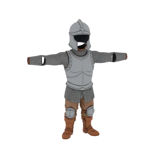 3D model of a full medieval knight's armor set, including helmet, chest plate, chainmail, and leg guards, in a T-pose.