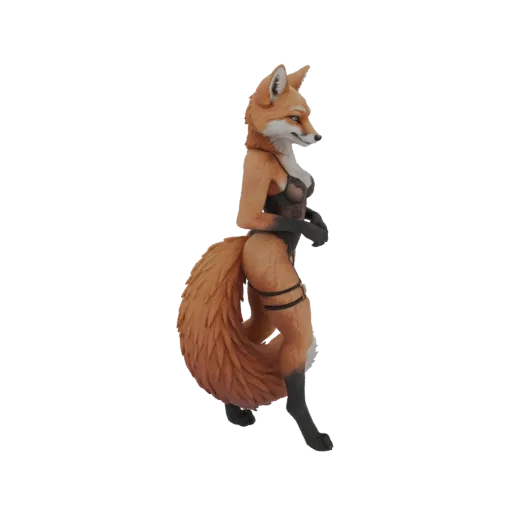 A 3D render of an anthropomorphic fox character wearing black lace lingerie, standing in a dynamic pose with its tail held hi