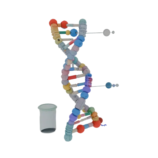 Crystal DNA Helix 3D model, three-quarter front view, AR viewer studio render, showing colored spheres, molecule layout.