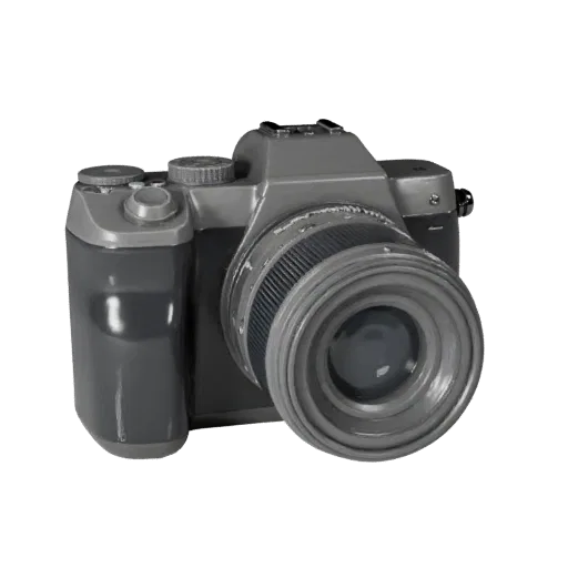 Modello 3D Fotocamera Istantanea Mirrorless, render di prodotto in studio a tre quarti, che mostra impugnature testurizzate,
