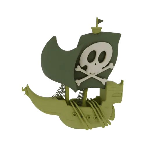 3D render of a cartoon pirate ship with a green hull and a large green Jolly Roger flag featuring a white skull and crossbone