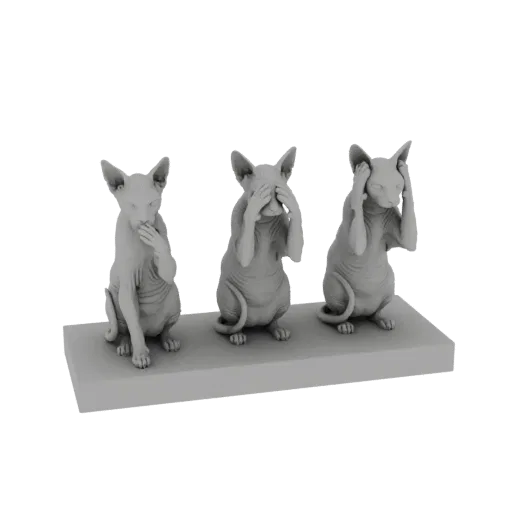 3D model of three Sphynx cats sitting on a base, with one covering its eyes, another its ears, and the third its mouth.