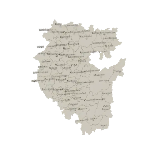 3D model of the Republic of Bashkortostan map, showing cities and regional borders.