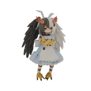3D model of a cute winged creature with black and white hair and wings, wearing a blue dress.