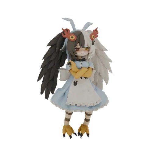 3D model of a cute winged creature with black and white hair and wings, wearing a blue dress.