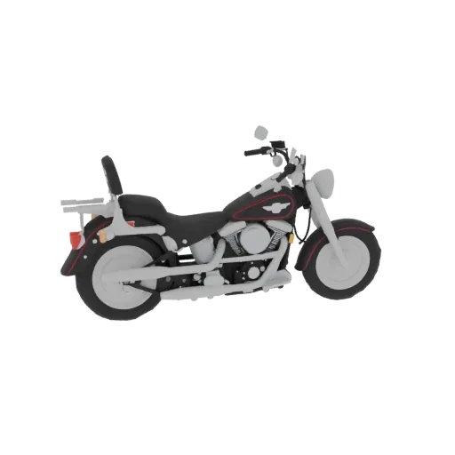 3D model of a classic black and white cruiser motorcycle with red accents, shown from a side profile.