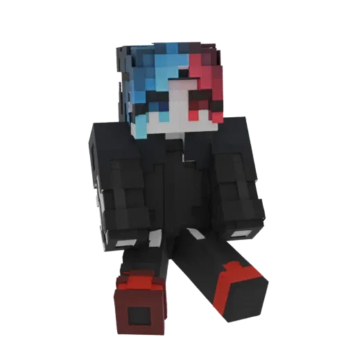 3D render of a pixelated character with blue and red hair, wearing a black outfit, sitting down.