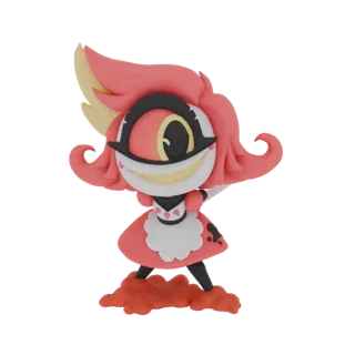 3D model of Chibi Niffty from Hazbin Hotel in a maid outfit, standing on a red puddle base, with a large eye and pink hair.