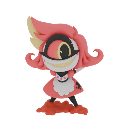 3D-Modell von Chibi Niffty aus Hazbin Hotel in Dienstmädchen-Kleidung, stehend auf einem roten Pfützen-Sockel, mit großem Aug