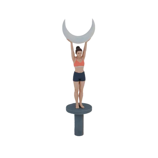 3D model of a woman in a yoga pose holding a crescent moon, standing on a pedestal.