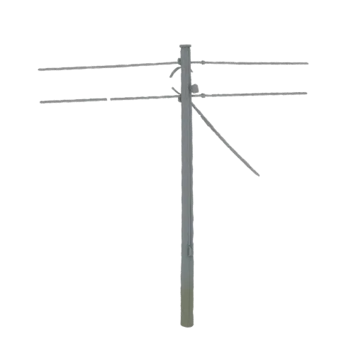 3D model of a grey utility pole with two sets of overhead electrical wires against a white background.