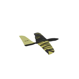 Uma renderização 3D de um avião planador listrado em amarelo e preto, visto de um leve ângulo, contra um fundo branco.