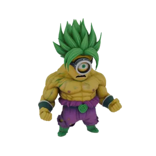 3D model of a muscular Minion character with green spiky hair, resembling Broly from Dragon Ball Z, in a powerful stance.