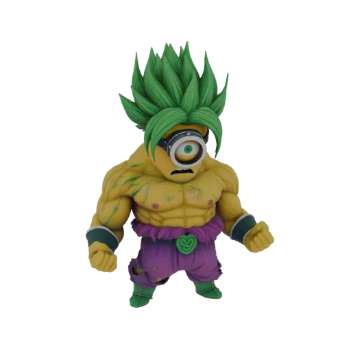 3D model of a muscular Minion character with green spiky hair, resembling Broly from Dragon Ball Z, in a powerful stance.