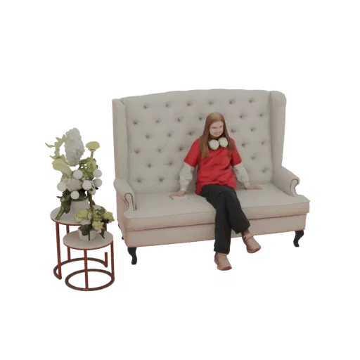 3D model of a cream-colored tufted wingback sofa with a woman seated on it, flanked by side tables with floral arrangements.