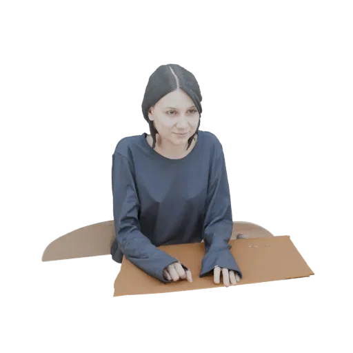3D model of a young woman with dark hair, wearing a blue shirt, sitting at a desk and looking to the side.