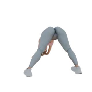 Modelo 3D de una mujer en postura de yoga de perro boca abajo, vistiendo leggings grises y un top rosa.
