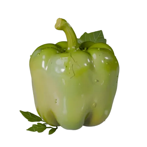 Modèle 3D stylisé de poivron bio, rendu isométrique stylisé, montrant les nervures des feuilles, des silhouettes de légumes c