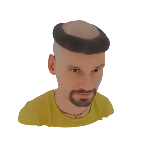 3D model of a monk with a tonsure haircut and a yellow t-shirt, facing forward with a neutral expression.