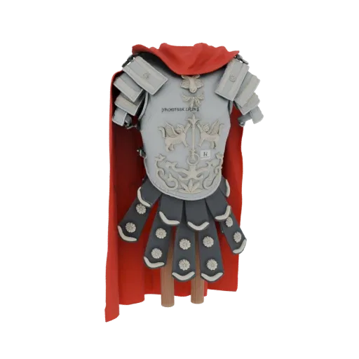 Modèle 3D d'armure romaine Lorica Segmentata avec une cape rouge, présentant des plaques métalliques détaillées et un tissu f