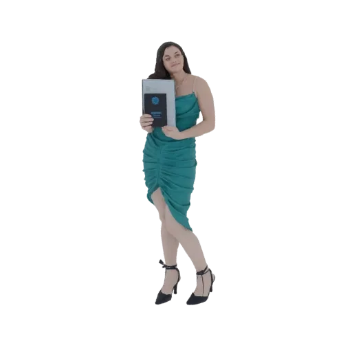 3D model of a woman wearing an elegant teal ruched dress, holding a certificate or folder.