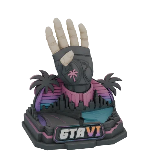 3D model of a GTA VI diorama with an 80s retro sunset, cityscape, palm trees, and a hand gesture with the GTA VI logo.