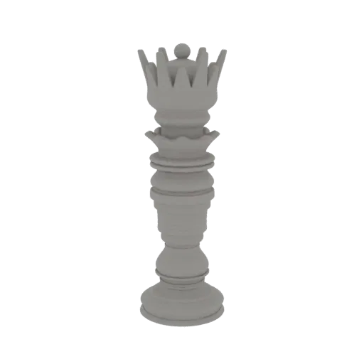 Un rendering 3D di una classica pedina regina bianca degli scacchi, in piedi con una corona ornata e un corpo dettagliato, su