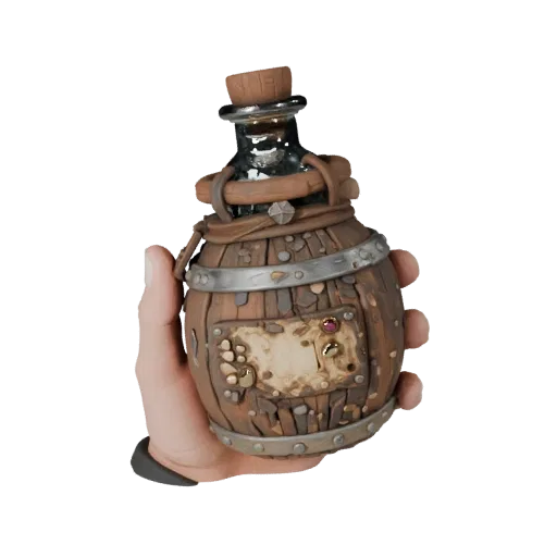 Cursed Potion Bottle Realistic 3D model, three-quarter studio render, showing aged wood, clear pickup silhouette.
