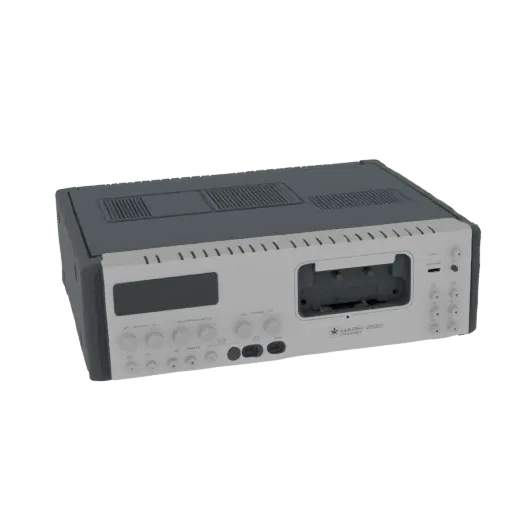 3D model of a vintage audio receiver with a silver faceplate, black casing, cassette deck slot, and numerous control knobs.