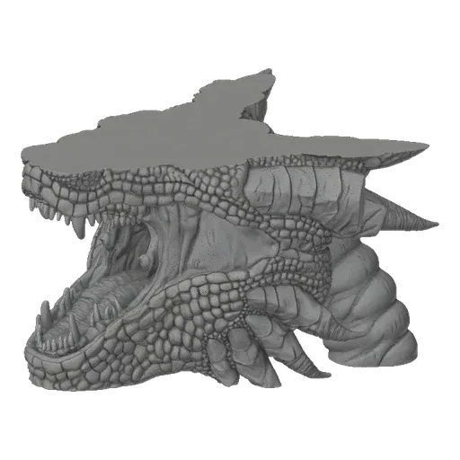 A 3D model render of a ferocious dragon head with its mouth wide open, showcasing sharp teeth and detailed scales.