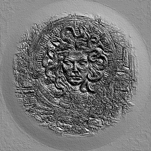 3D model of Medusa Gorgon bas-relief with snake hair, in the style of an ancient bas-relief