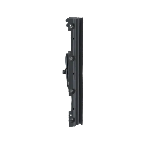 A 3D model of a dark gray industrial metal bracket with visible mounting holes and a textured surface, presented against a bl