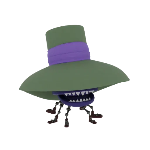 Modello 3D di un mostro bizzarro con grande cappello verde e fascia viola, sorriso sdentato e quattro zampe sottili.