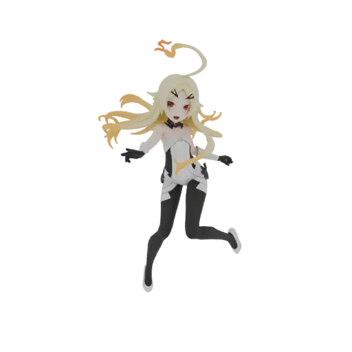 3D model of an anime girl with blonde hair and red eyes, wearing a white and black futuristic suit, in a dynamic action pose.