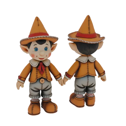 A 3D render of a whimsical elf character with a pointed hat, orange jacket, and grey shorts, shown from front and back.