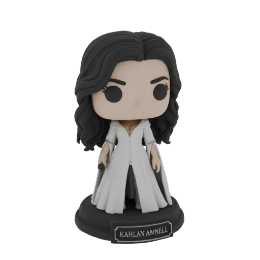 Modelo 3D de Kahlan Amnell em estilo Funko Pop!, vestindo um vestido branco e em pé sobre uma base preta com seu nome.