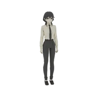 Modelo 3D de uma estudante de anime com camisa branca de colarinho, gravata preta e calças cinzas, em pé contra um fundo bran
