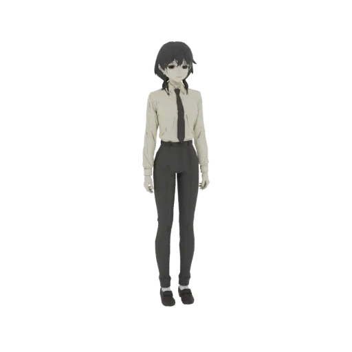 3D model of an anime schoolgirl wearing a white collared shirt, black tie, and grey trousers, standing against a white backgr