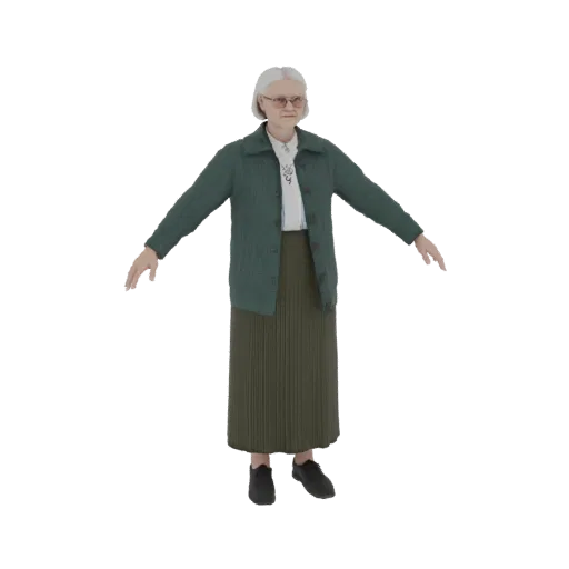 3D model of an elderly woman with white hair, wearing glasses, a green cardigan, and a pleated skirt, standing in a T-pose.