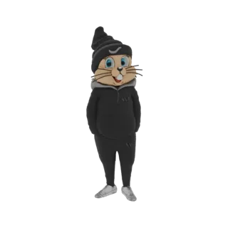3D-Modell eines süßen Cartoon-Hasen-Maskottchens mit schwarzer Mütze, grauem Hoodie und Jogginghose, stehend mit den Händen i