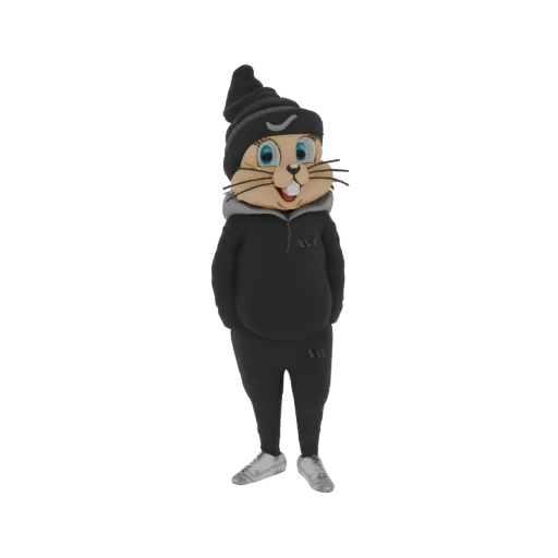 3D model of a cute cartoon rabbit mascot wearing a black beanie, grey hoodie, and sweatpants, standing with hands in pockets.