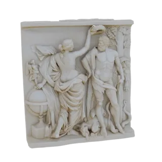 3D model of a classical relief sculpture showing Hercules and Omphale with a globe and lion skin, rendered in marble.