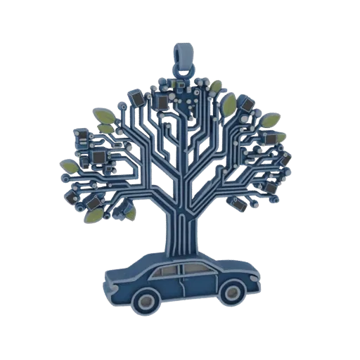 3D-Modell Anhänger Baum mit Leiterplattenelementen und Auto an der Basis, auf weißem Hintergrund