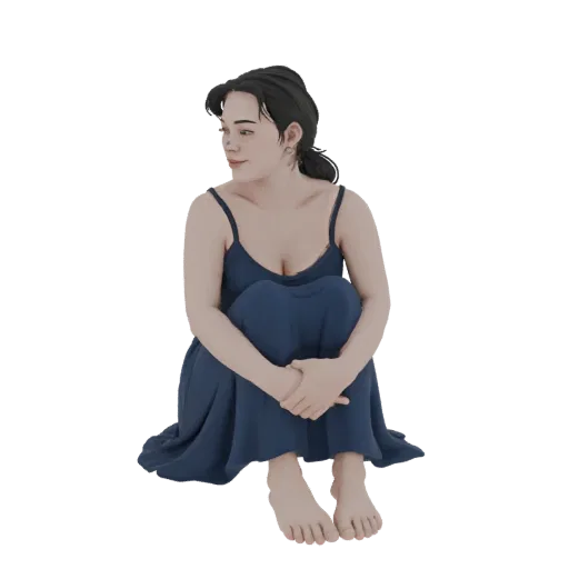 3D model of a woman with dark hair in a blue dress, sitting with knees drawn up, looking to the side.