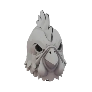 3D model render of a stylized, gray rooster mask with sharp features and textured feathers, presented against a white backgro