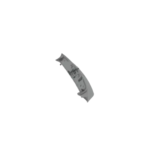 3D model of a gray, curved automotive spoiler with integrated vents, angled against a white background.